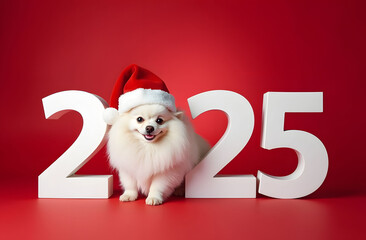 On a red background large white 3D numbers 2025, instead of the number 0 a white Pomeranian dog in a hat with Santa Claus. 