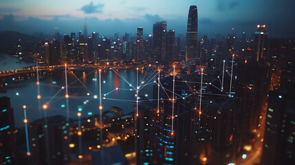 Smart digital Innovation city with connection network reciprocity over the cityscape. of future smart wireless digital city and social media networking systems that connects people with in city
