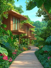 Fototapeta premium Charming wooden cabins nestled in lush tropical greenery along a winding path.