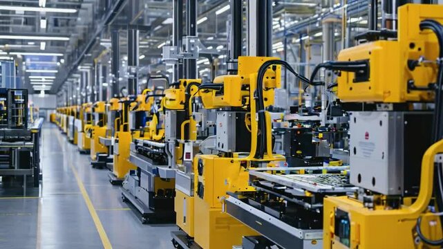 A modern factory producing electric vehicle batteries, featuring automated machines stacking and sealing cells with precision.