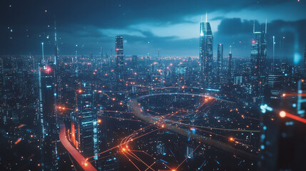 Fototapeta premium Smart digital Innovation city with connection network reciprocity over the cityscape. of future smart wireless digital city and social media networking systems that connects people with in city