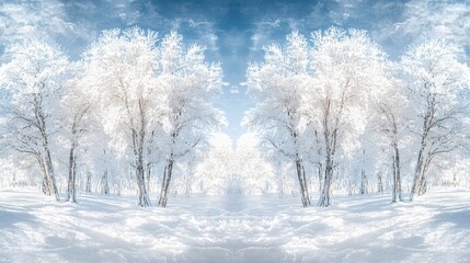 Fototapeta premium Panoramic View of Frost-Covered Trees in a Snowdrifted Winter Forest – A Beautiful Sky and Natural Revival