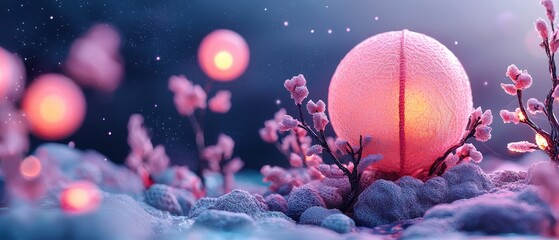 Enchanting Pink Lantern Frosty Flowers Dreamy Night Scene