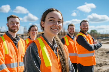 group of young apprentice construction worker staff on site wearing high vis yellow safety vests with blue sky