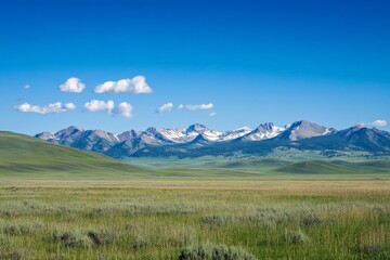 Fototapeta premium A stunning vista of a mountain range with snow-capped peaks, expansive green meadows, and a clear blue sky, creating a serene and majestic natural landscape.