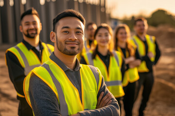 group diverse construction worker staff wearing high vis yellow safety vests at golden hour