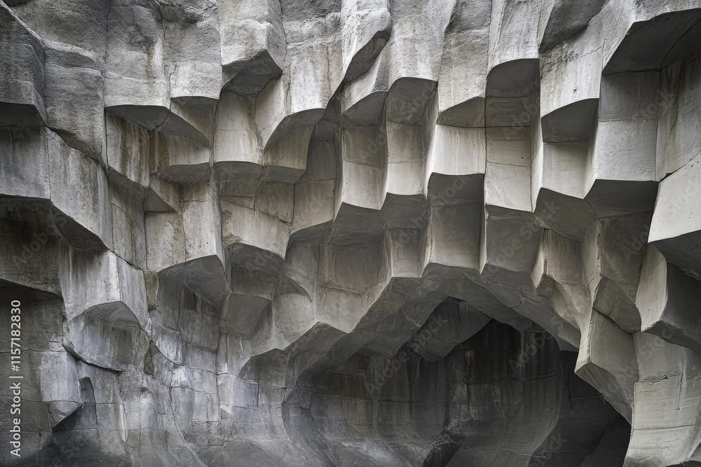 Poster a visually captivating photograph of symmetrical rock formations, featuring geometric precision and 