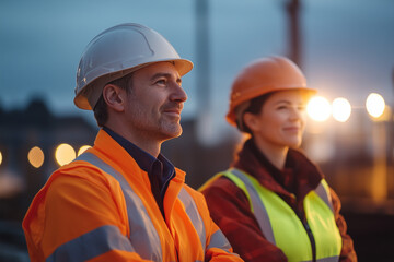 male and female construction workers on site at night wearing hard hat and safety vest ppe