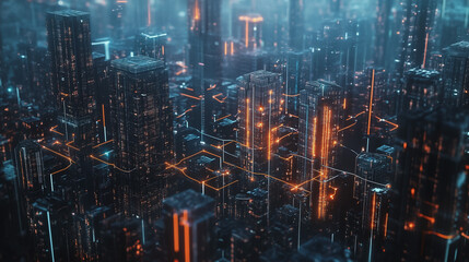 Naklejka premium Smart digital Innovation city with connection network reciprocity over the cityscape. of future smart wireless digital city and social media networking systems that connects people with in city