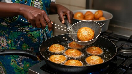 An African woman carefully uses a strainer to lift a golden fried pastry from a pan of hot oil in her kitchen. 