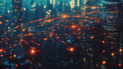 Fototapeta premium Smart digital Innovation city with connection network reciprocity over the cityscape. of future smart wireless digital city and social media networking systems that connects people with in city