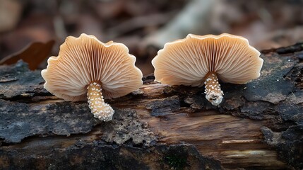 Decaying Log Mushrooms: Photograph mushrooms growing on a decaying log, showcasing the role of fungi in the forest ecosystem