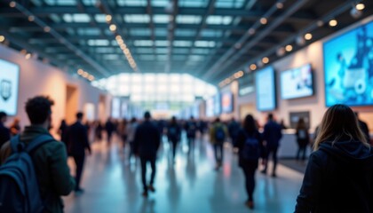 Blurred expo hall teeming with people. Attendees walk through event. Displays, screens visible. Large hall filled with many people. Busy event space. Plenty of people noisy. Business trade show. Lots