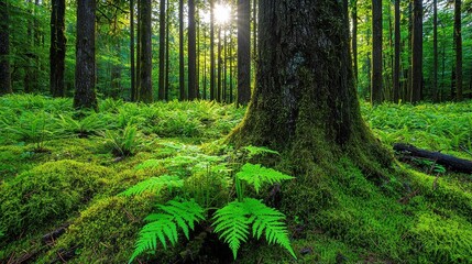 Naklejka premium Lush and Verdant Evergreen Forest with Ferns and Moss Carpeting the Ground