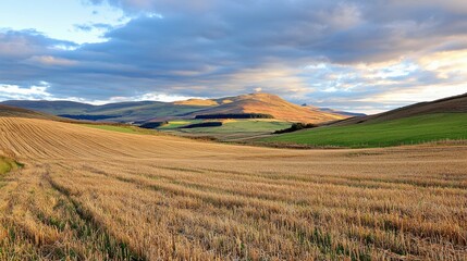 Scenic Golden Hour Landscape of Vast Farmland with Rolling Hills and Dramatic Sky at Dusk