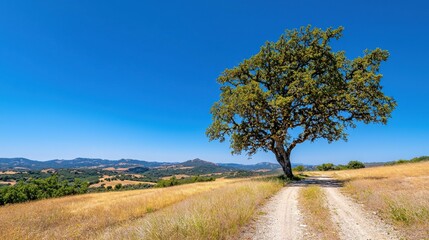 Obraz premium Picturesque Countryside Landscape with Lone Oak Tree and Winding Dirt Road under Vibrant Blue Sky