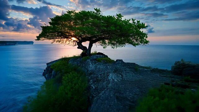 beautiful nature landscape, a lone tree on cliff top with ocean view 