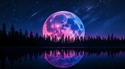 Pink Moon Night Serene Lake, Starry Sky, Shooting Star, Forest Silhouette
