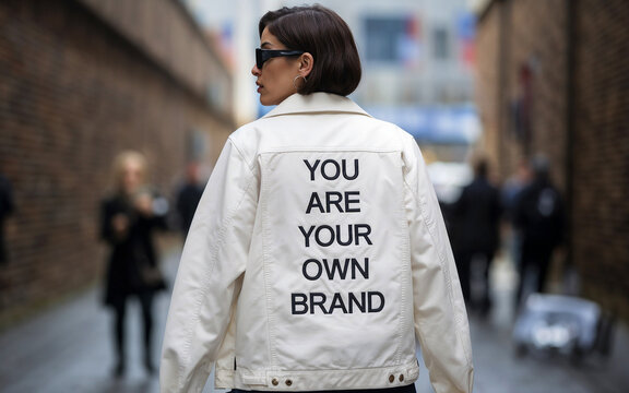 Back view of a woman with "you are your own brand" phrase on her jacket. Personal Branding, build yourself concept.	
