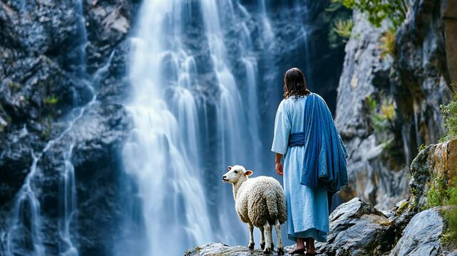Jesus sitting with a lamb at waterfall, concept of bible phrase John 4:14 but whosoever drinketh of the water that I shall give him shall never thirst; but the water that I shall give him shall be in