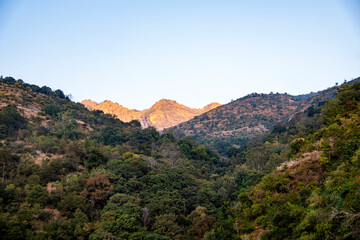 Sunlight illuminates the mountain tops, casting a warm glow over the green valley below. The vibrant colors of the green-covered mountains create a picturesque scene at Tehri Lake.