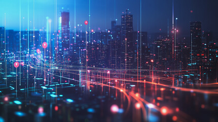 Fototapeta premium Smart digital Innovation city with connection network reciprocity over the cityscape. of future smart wireless digital city and social media networking systems that connects people with in city