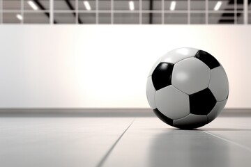 A close-up of a classic black and white soccer ball placed near a vibrant, brightly outlined goal, set against the backdrop of a minimalist indoor arena with soft lighting highlighting the features.