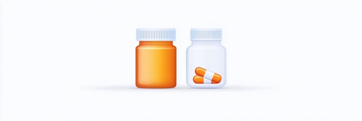 Two medicine jars: one orange and one clear with capsules, set against a plain background.