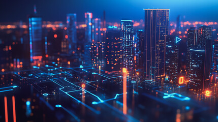 Fototapeta premium Smart digital Innovation city with connection network reciprocity over the cityscape. of future smart wireless digital city and social media networking systems that connects people with in city