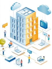 Obraz premium Modern urban building connected to cloud technology with people using devices around it.