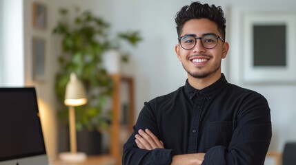 A happy young Latin man with a black shirt, casual outfit, and glasses is standing in his modern office space with his arms crossed, smiling at the camera.