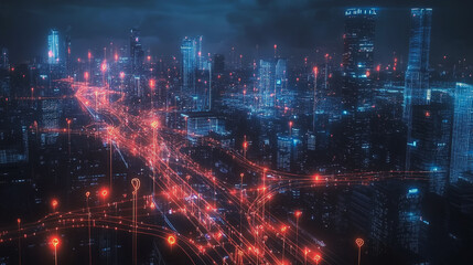Fototapeta premium Smart digital Innovation city with connection network reciprocity over the cityscape. of future smart wireless digital city and social media networking systems that connects people with in city