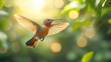 Obraz premium A hummingbird in flight against a blurred background, showcasing its vibrant plumage and delicate wings.