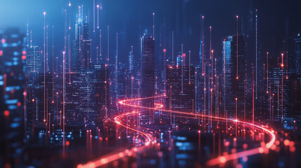 Obraz premium Smart digital Innovation city with connection network reciprocity over the cityscape. of future smart wireless digital city and social media networking systems that connects people with in city