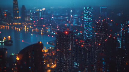 Fototapeta premium Smart digital Innovation city with connection network reciprocity over the cityscape. of future smart wireless digital city and social media networking systems that connects people with in city