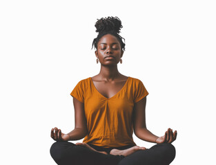 A person meditating in a seated lotus position, eyes closed, hands resting on knees, front view, centered on a white background for a calm and peaceful vibe