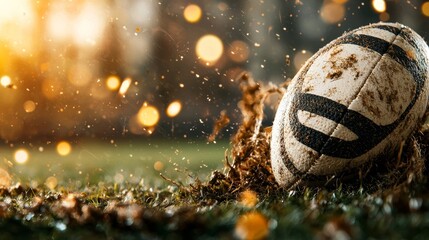 Muddied Rugby Ball on Grass Sports Action Game Day