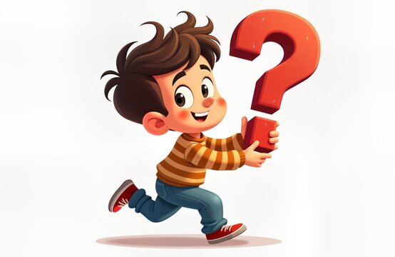 Cheerful cartoon boy runs holding question mark. Curious, enthusiastic about discovery. Illustration vibrant, playful with focus on learning, exploration. Joyful expression. Design suitable for