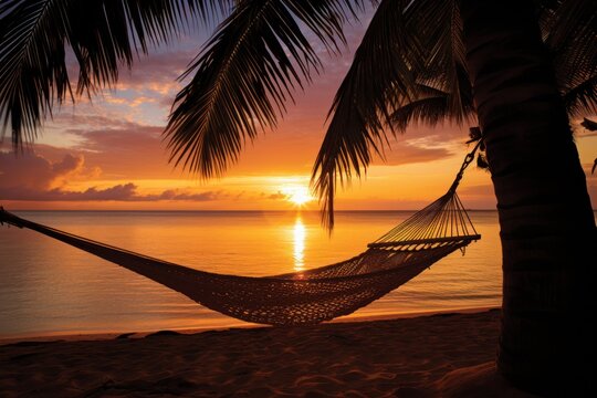 A serene beach scene with a hammock strung between two palm trees, gently swaying in the breeze. The sun sets in the background, casting a warm golden glow over the tranquil water