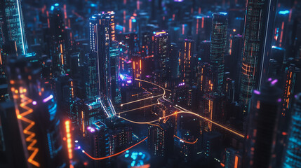 Fototapeta premium Smart digital Innovation city with connection network reciprocity over the cityscape. of future smart wireless digital city and social media networking systems that connects people with in city