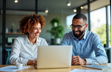 Two diverse business professionals happy virtual meeting. Smiling, looking at laptop. Collaborating on online project at office table. Team members happy, focused on work. Successful executives.