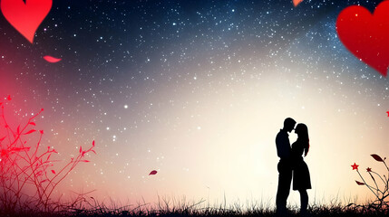 Romantic couple embracing under starry sky outdoor setting silhouette art evening ambiance love concept
