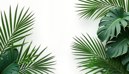 Tropical palm leaves, shrubs in realistic illustration design. Vivid green foliage creates summery ambiance. Isolated on white background making suitable for various uses like backgrounds decorations