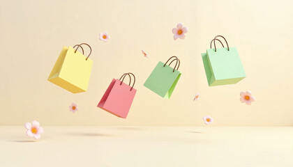 Colorful shopping bags floating with flowers on beige background