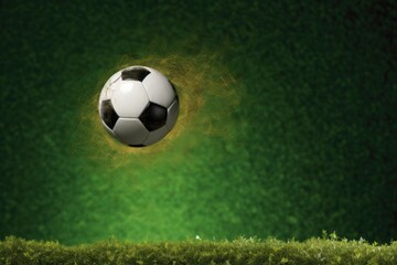 Naklejka premium A soccer ball suspended mid-air, just before it makes contact with the goal net against a lush green background. The image captures the tension and anticipation of the moment