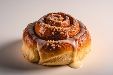 A delectable cinnamon roll, glazed and sprinkled with sugar, sits on a white background.