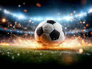 Fototapeta premium Fiery Soccer Ball Stadium Night Sports Action Competition