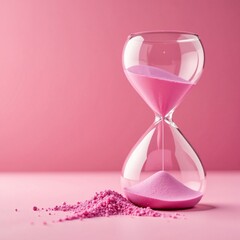 Elegant glass hourglass with swirling pink sand on a soft pink surface, table centerpiece, pink background, pink sand