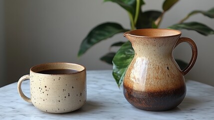 Coffee in speckled mug and brown ceramic creamer on marble table.