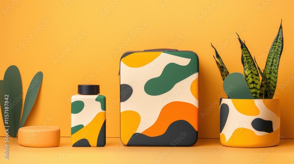 Poster colorful camouflage pattern on various geometric shapes and containers for product branding and pack